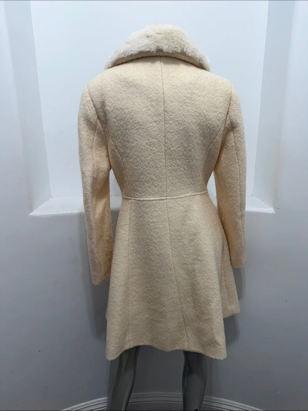 INC International Concepts S Ivory Wool Blend Faux Fur Collar Zip Coat